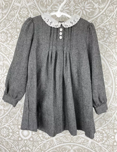 Vintage 50s Black Woven Chevron Swing Dress Wool Blend Pleated Detail Size 3T