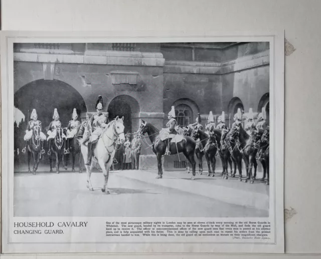 1915 Ww1 Print & Text Household Cavalry Changing Guard