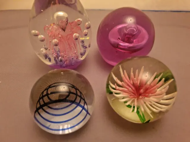 4 Vintage Glass Paperweights Swirls, bubbles, Peal of Arcadia