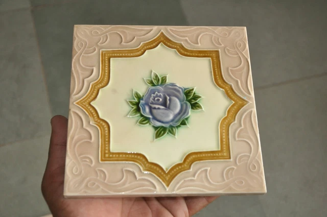2 Pc Vintage Star & Flower Embossed Art Nouveau Architecture Tiles,Japan 4