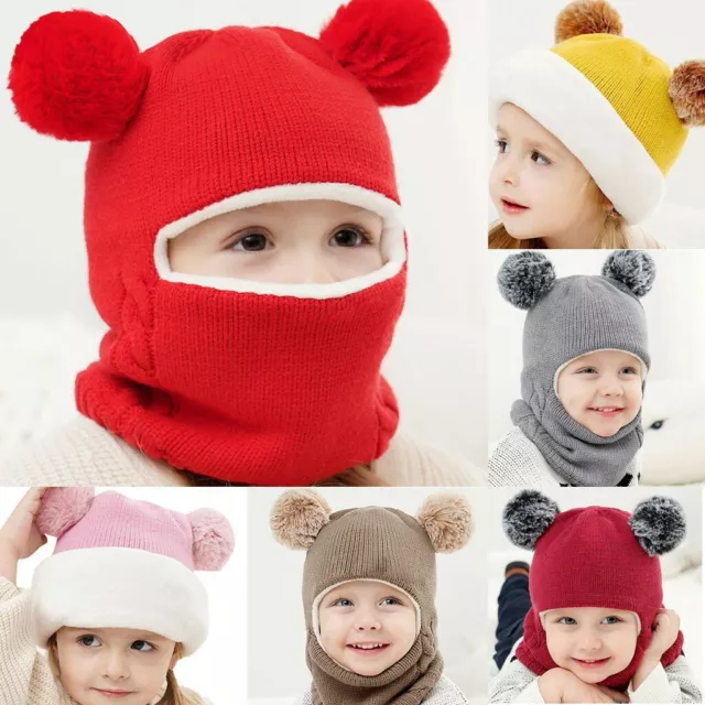 Kids Baby Boys Girls Beanie Hat Winter Warm Knit Children Flap Cap Hooded Scarf