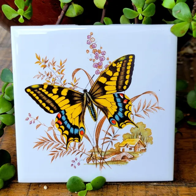 Vintage Retro Butterfly in Countryside Ceramic Tile 4.5"x4.5" Made Thailand