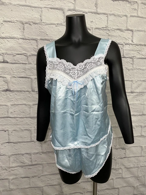 Featherbed Blue Satin Camisole Lingerie Set USA Vintage Romantic 80s M
