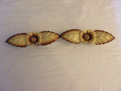 Matching Pair of 2 Antique Tin Metal Curtain Tie Backs Floral Yellow & Brown