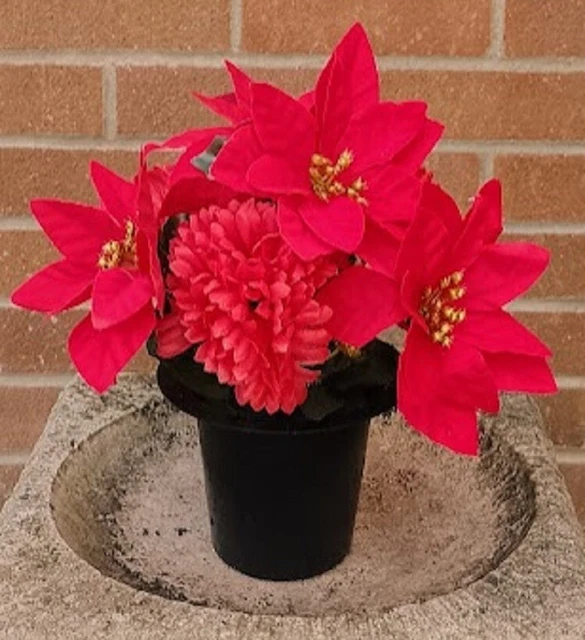 Artificial Christmas Grave Crem Pot Red Poinsettia Carnation Gold Memorial 24cm