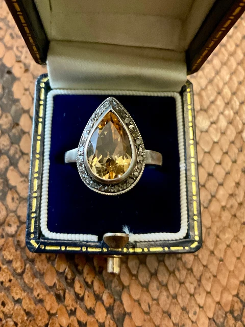 Bague Ancienne En Argent 925 - Sertie De Citrines Et Brillants - Taille 53 - Style Art Déco