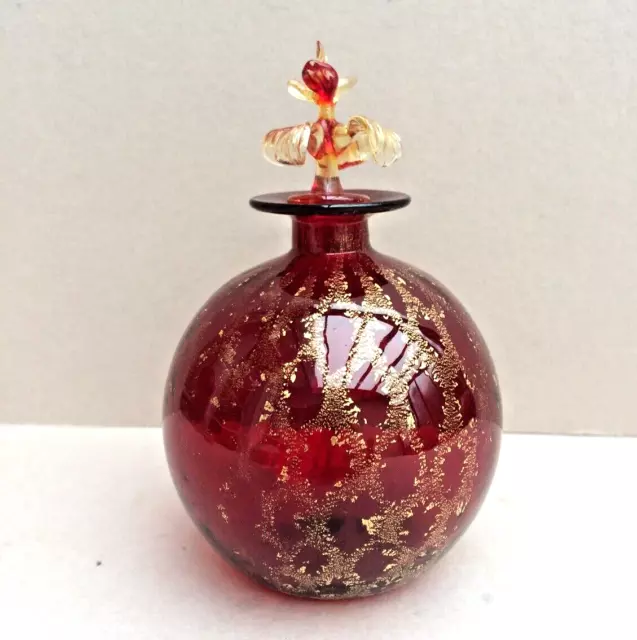 Vintage Murano Red And Gold Glass Perfume Bottle With Flower Stopper