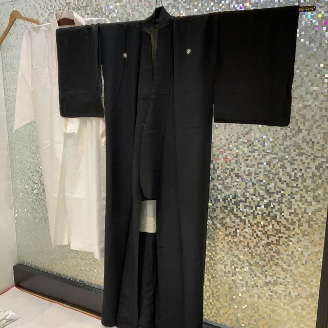 Kimono & obi & accessory set black long sleeves Japanese furisode belt good #95