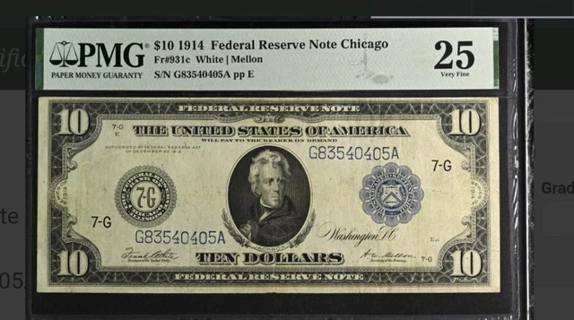 $ 10 1914 Federal Reserve Note Chicago Fr # 931c PMG