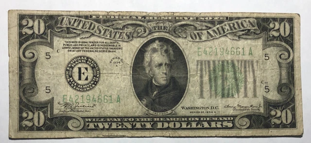 1934A green seal $20 Federal Reserve note, FRB E Richmond. VG-Fine. #03
