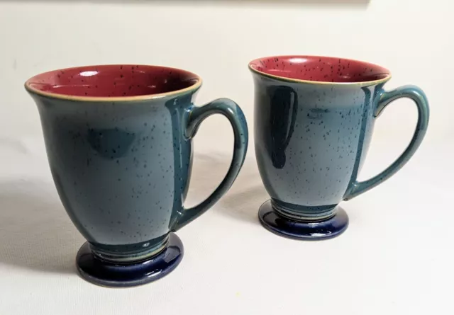 DENBY Harlequin Stoneware Footed Mugs Green Blue Red Speckled Glaze Set of 2