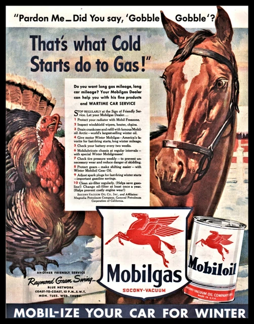 1942 WWII MOBIL Red Horse Tom Turkey Did you say Gobble Gobble Gasoline Oil AD