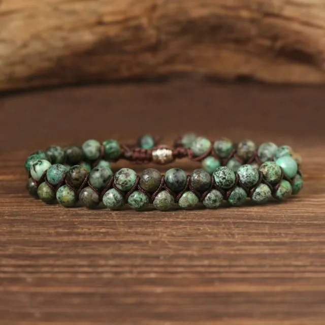 African Turquoise Double Layer Beads Leather Braided Healing Balance Bracelet