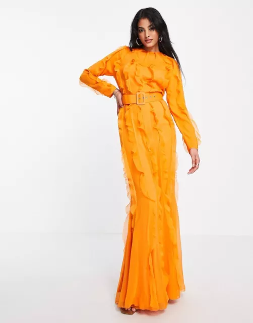 ASOS DESIGN long sleeve ruffle detail maxi dress in bright orange chiffon