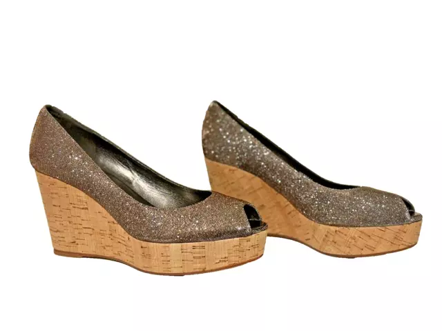 Stuart Weitzman Anna Corkswoon Glitter Wedge Heel Peep Toe Pumps  Size 9