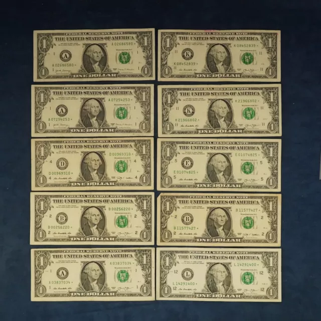 Lot of 10 $1 Federal Reserve Star Notes - Free Shipping USA