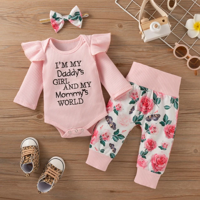 Abiti neonate neonate maniche lunghe a costine pantaloni floreali set fascia
