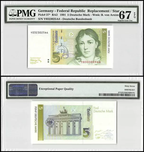 Germany Federal Republic 5 Deutsche Mark, 1991, P-37z, Replacement, PMG 67
