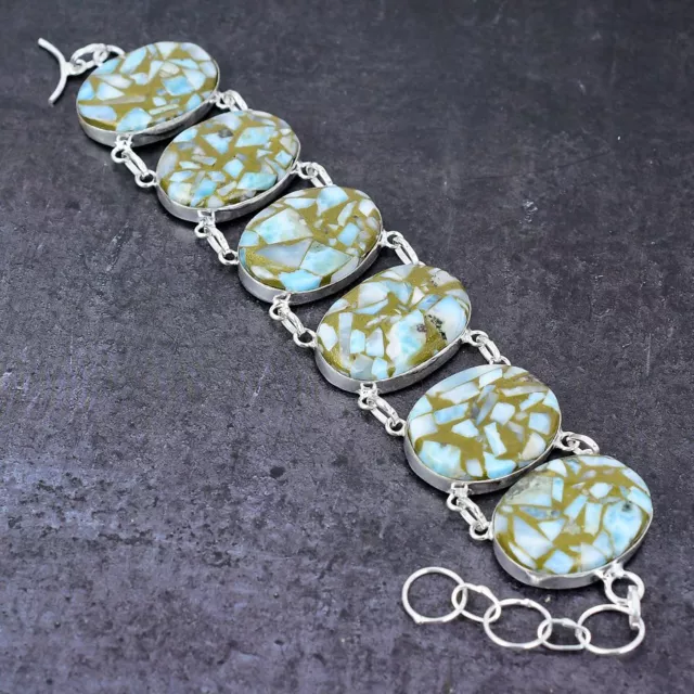 Naturel Cuivre Larimar Pierre Précieuse Main 925 Argent Sterling Bracelet