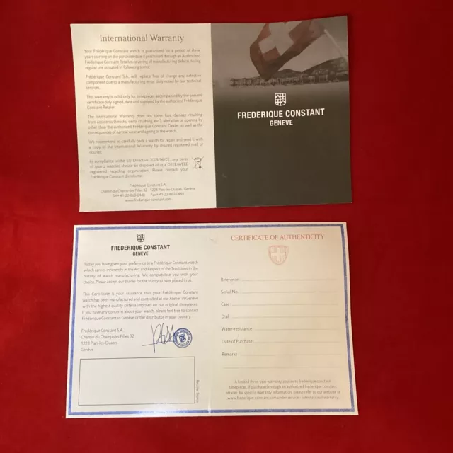 Frederique Constant Watch Authenticity Certificate BLANK INTERNATIONAL WARRANTY