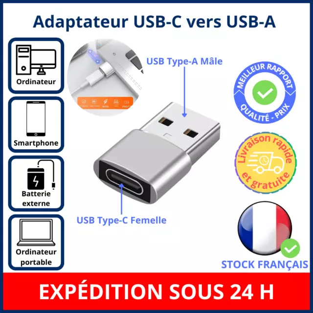 Adaptateur USB C Femelle vers USB Mâle Convertisseur Charge Rapide