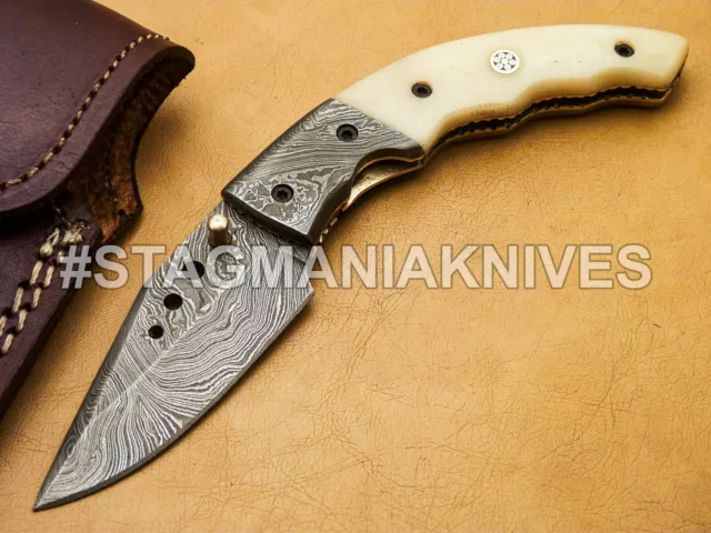 Custom Hand Forged Damascus Steel Hunting Pocket Knife Folding Knife Camel Bone