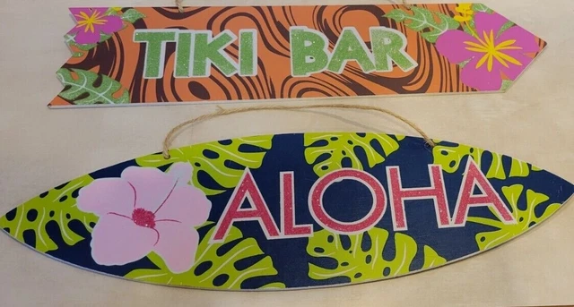 Tiki Bar Sign Aloha Sign with Hanging Cord 14" Long 5" Tall Sparkles