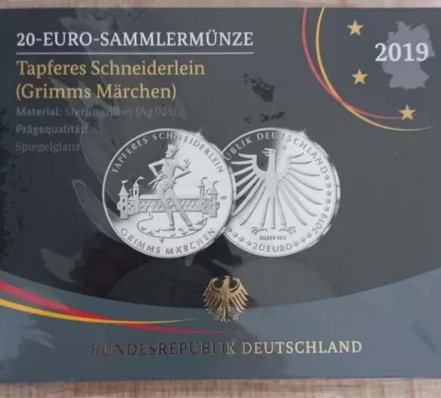 20 Euro Münze TAPFERES SCHNEIDERLEIN Grimms Märchen 2019 Silbermünze in PP