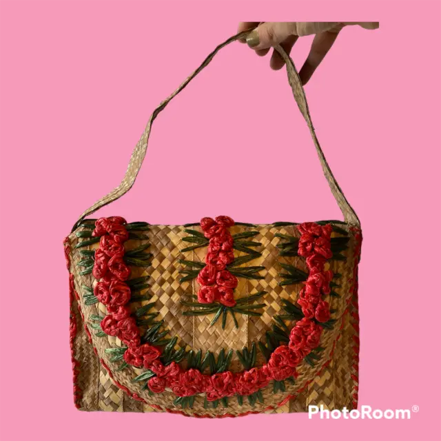 Raffia Straw Shoulder Purse Bag Pink Flowers Spring Summer Resort Beach Handmade