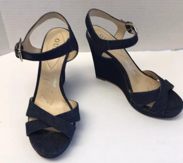 GUESS Womens Size 6.5M Denim Wedge Open Toe Ankle Strap Sandal