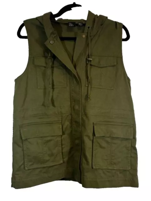 Eileen Fisher The Fisher Project Fitted Vest Size S Olive Green Hood Snap A25