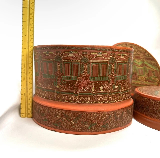Burmese Betel Box Deep Orange Round Lacquer Hand Painted With 2 Lids 3 Piece Set 2