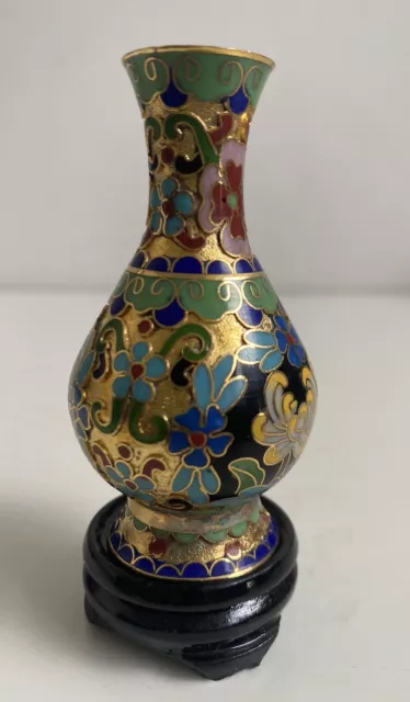 Chinese Cloisonne Enamel Gilded Decorative Vase Flowers W/Stand