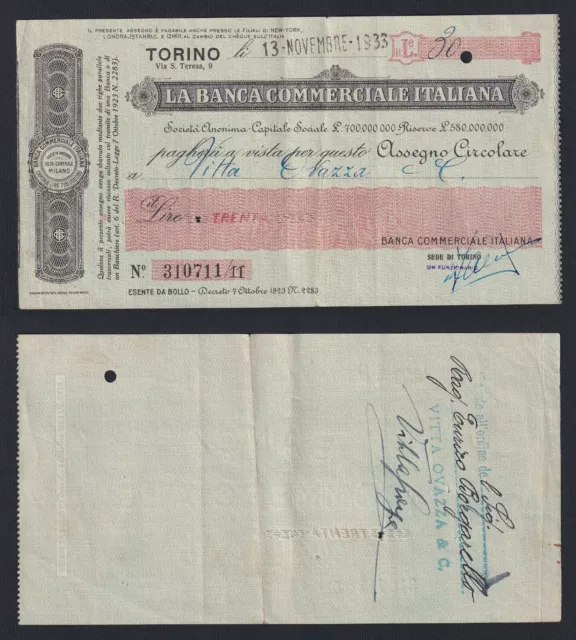 Italia 30 lire Assegno Circolare Banca Commerciale Italiana Torino 1933  B-10