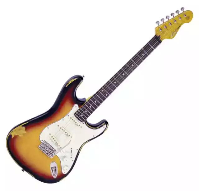 Vintage Icon Series V6MRSSB E-Gitarre 3x Single Coil Distressed Sunburst Tremolo