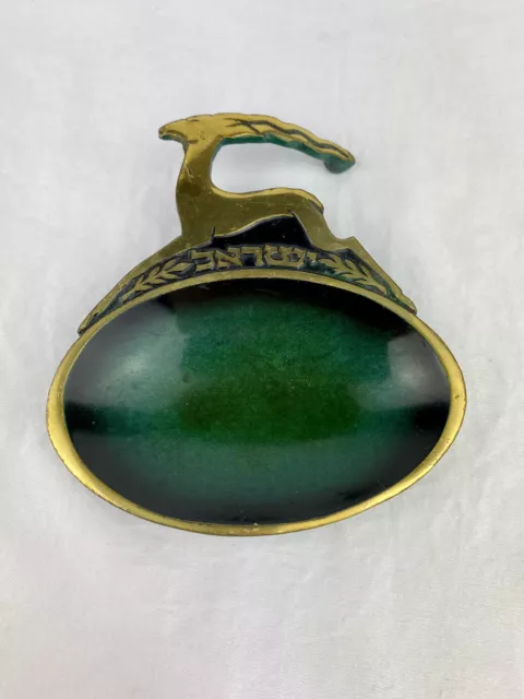 Vintage Brass & Forest Green Enamel Gazelle Antelope Ashtray Made in Israel