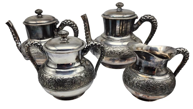 Antique ROGERS & BRO. Silver Plate REPOUSSE 4 Piece Tea Set Teapots Creamer
