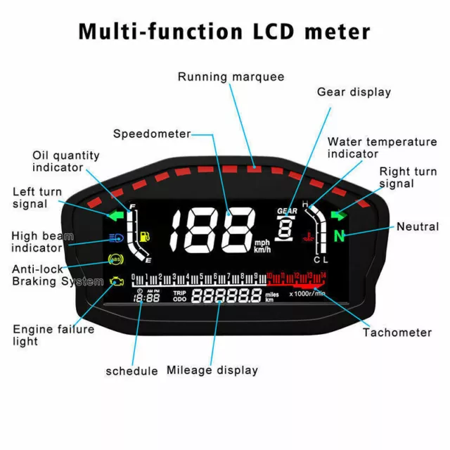 Motorrad LCD Digital Tachometer Drehzahlmesser Kilometerzähler Universal DC 12V 2