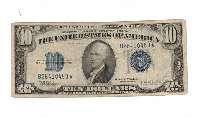1934C $10 Ten Dollars Silver Certificate Blue Seal