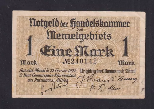 Memel 1 Mark 1922 P-2   VF