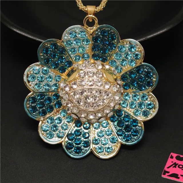 Hot Fashion Lady Blue Bling Sunflower Flower Crystal Pendant Women Necklace