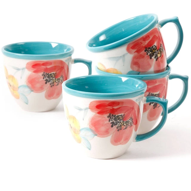 The Pioneer Woman Vintage Bloom 4-Piece 16-Ounce Coffee Cup Set, Turquoise