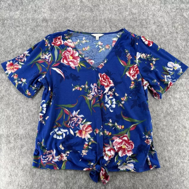 Lucky Brand Womens Blue Floral Short Sleeve Blouse Top Size L