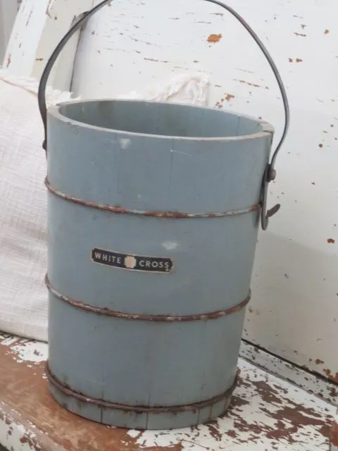 AWESOME Old Vintage WOOD Ice Cream BUCKET Planter with WHITE CROSS Label