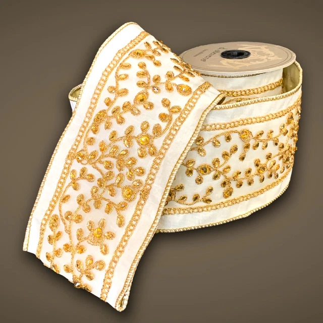 NOBLE VELVET RIBBON White Gold Embroidered Rhinestone D.Stevens 1Meter ...