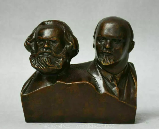 5.2" Old Chinese Bronze Karl Marx Friedrich Engels Head Bust Statue Sculpture