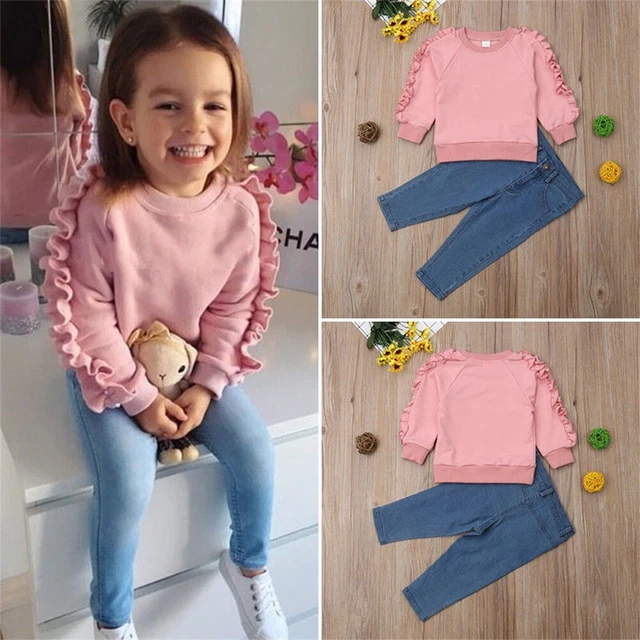 2PCS Toddler Kids Baby Girls Ruffle Tops Denim Pants Winter Outfits Clothes