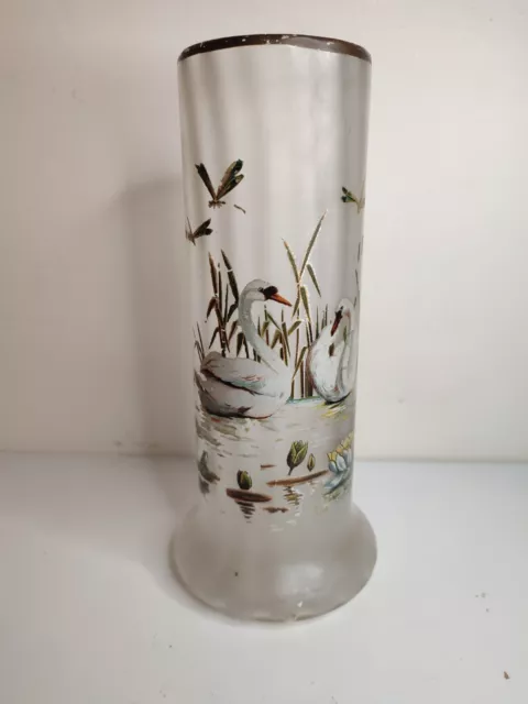 Ancien vase en verre peint à décor de Cygnes, Libellules, Grenouille, Legras ?