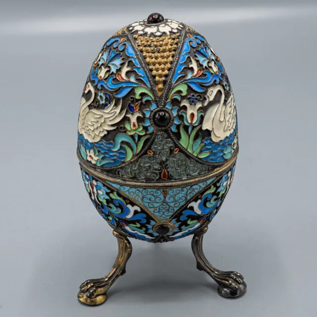 Antique Russian Jeweled Enameled 84 Silver Footed Egg Box 243 Grams - 5"