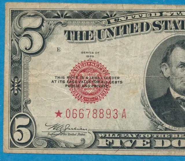 $5.00 1928-C  Star  Red Seal Legal Tender  United States Note
